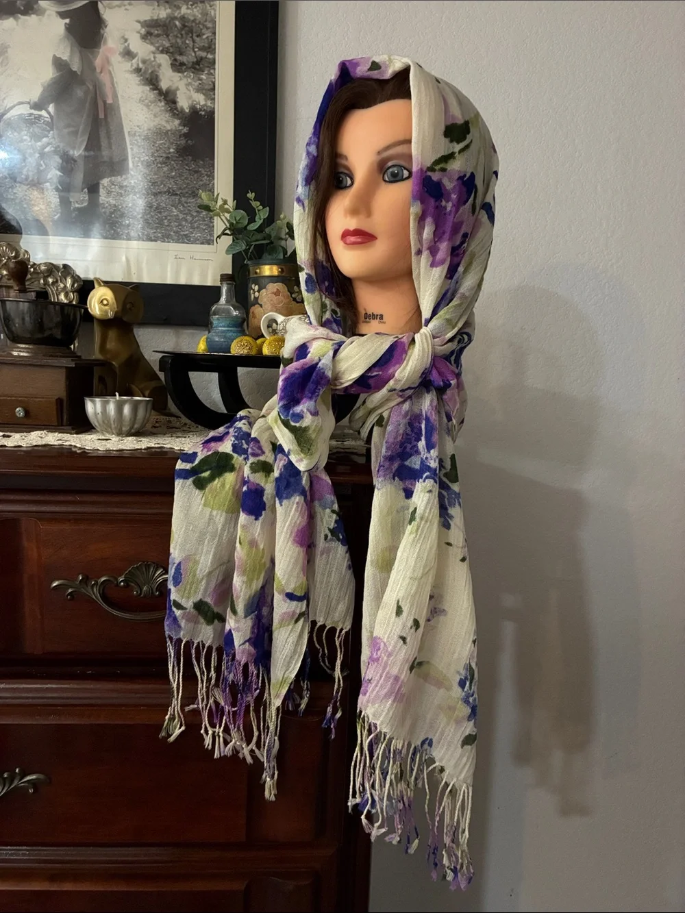 Lightweight Floral Scarf in Purple and Green - Unbranded